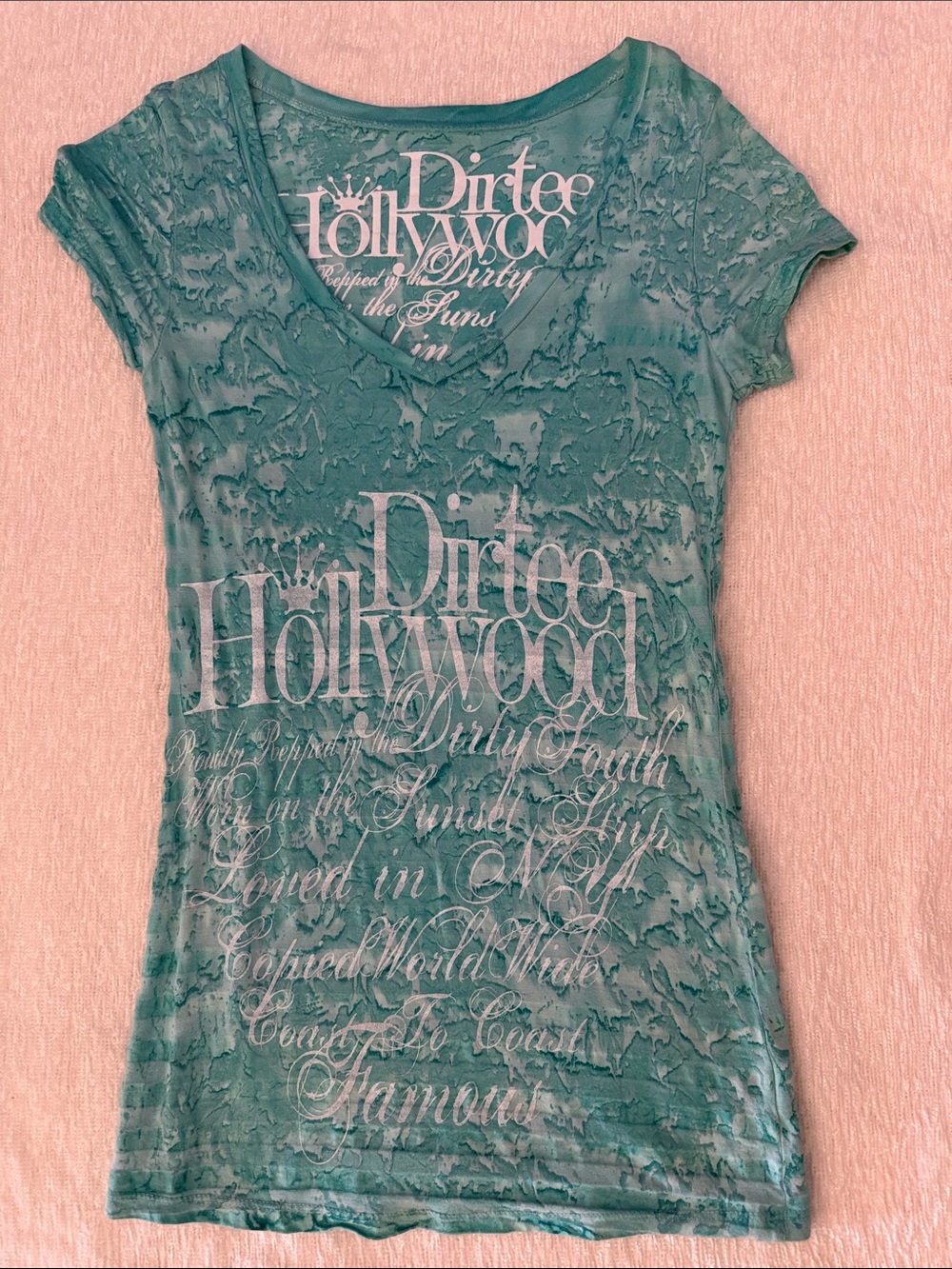 Dirtee Hollywood Teal Distressed V-Neck Graphic Tee
